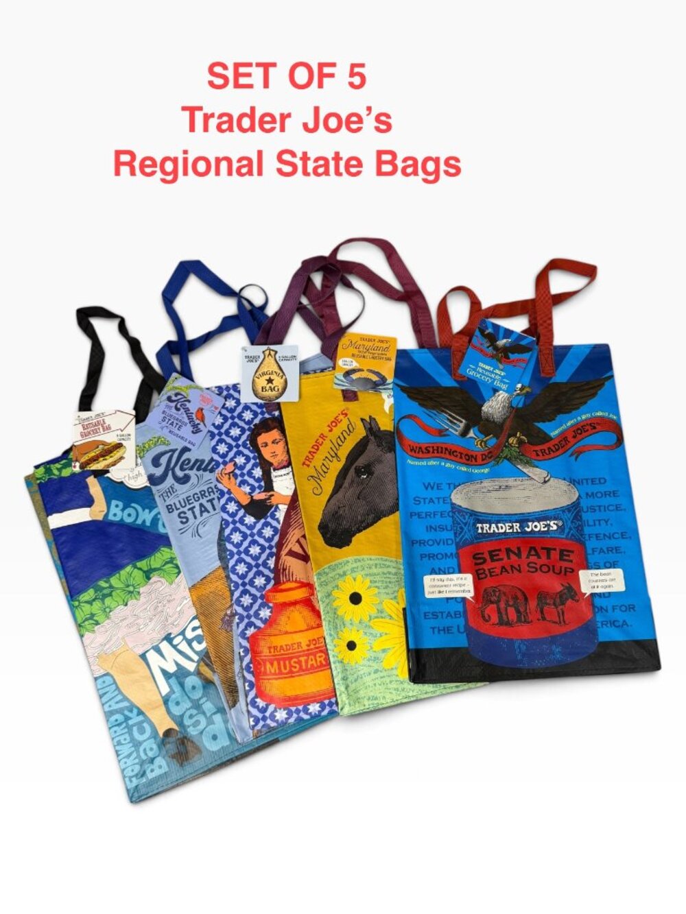 Set of 5 Trader Joe's Regional State Reusable Grocery Bags NWT 6 Gallon Tote NWT
